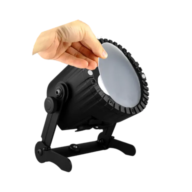 Astera Wallwash Filter for AX5 TriplePAR hand inserting frosted filter onto black LED fixture on transparent background