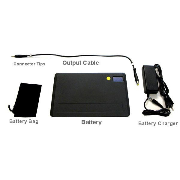 BixMart MP100-24V portable battery pack complete kit showing battery unit charger output cable connector tips and carrying bag on white background