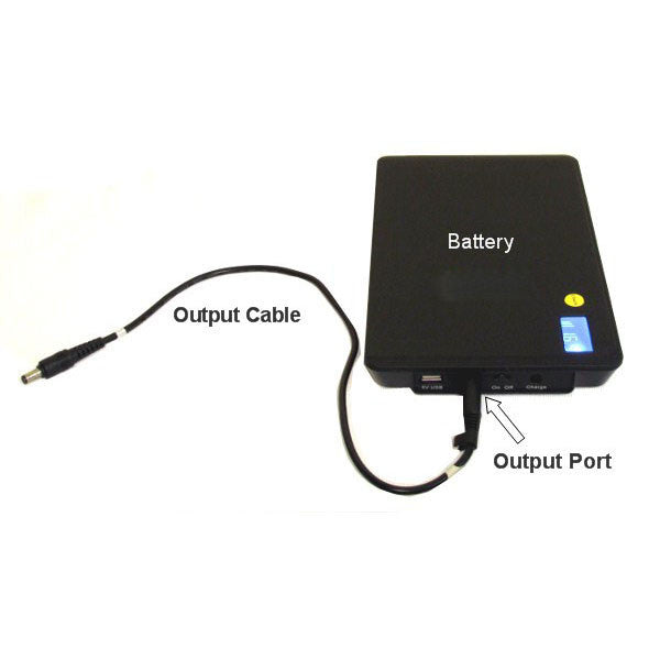BixMart MP100-24V portable battery pack with output cable connected to output port showing DC barrel connector for powering LED devices