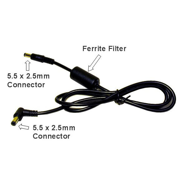 MP100 battery pack output cable female to female DC barrel connector extension with ferrite filter and dual 5.5x2.5mm connectors for 12V 24V LED power