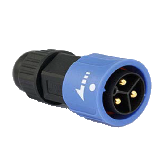 Chogori 3-pin field installable plug connector blue and black IP67 waterproof with gold pins front view