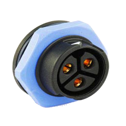 Chogori 3-pin panel mount flange connector blue with gold contacts IP67 waterproof front view