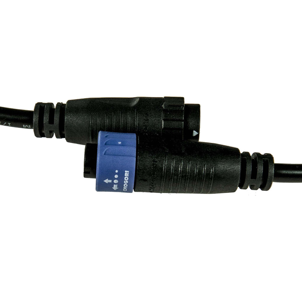 Chogori 5-pin extension cable male and female connectors mated together showing push-to-lock mechanism with blue locking ring, waterproof IP67 connection for LED strip