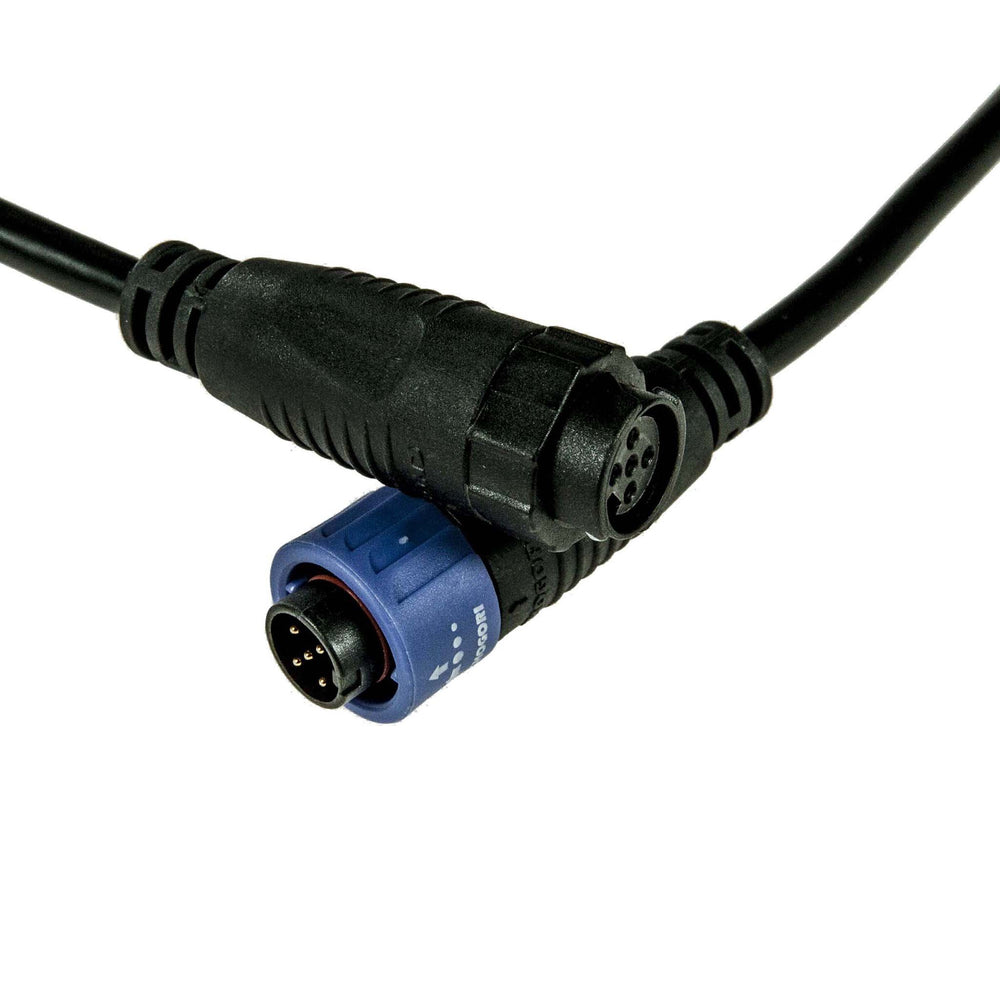 Chogori 5-pin extension cable male and female connector close-up showing blue locking ring on male end, push-to-lock industrial-grade waterproof connectors for LED strip