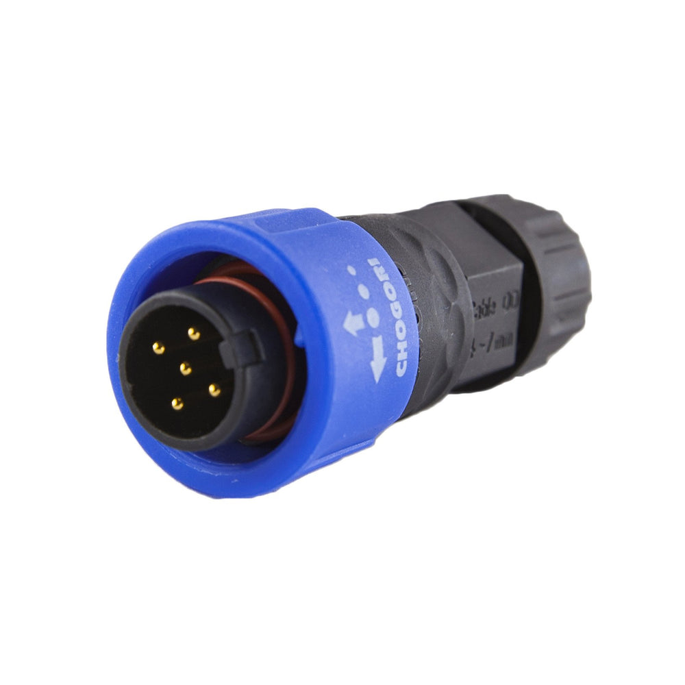Chogori 5-pin field installable male plug close-up showing gold-plated pins and blue waterproof housing with IP67 rating