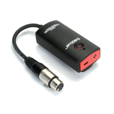 City Theatrical DMXCat wireless DMX RDM controller with 5-pin XLR connector cable black housing with red accents and power button for smartphone controlled DMX lighting