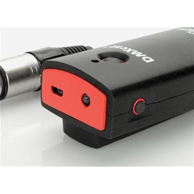 City Theatrical DMXCat wireless DMX controller close-up detail view showing USB charging port power button and LED indicator on red end panel with 5-pin XLR connector