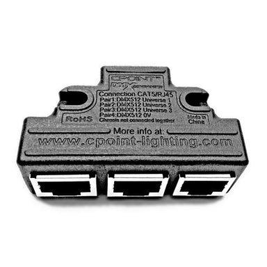 CPoint DMXCompander back view showing three RJ45 ports DMX512 connection label CAT5 cable