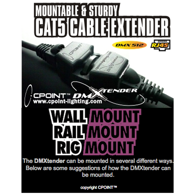 CPoint DMXtender CAT5 cable extender RJ45 promotional graphic showing mountable and sturdy design with wall mount rail mount and rig mount options DMX512 RJ45 compatible