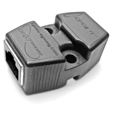CPoint DMXtender RJ45 to RJ45 Ethernet coupler extender top side view showing dual RJ45 ports mounting holes and CPoint DMXtender branding black molded housing for CAT5 cable extension