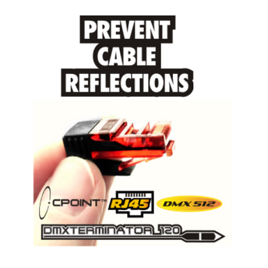 CPoint DMXTerminator RJ45 120 ohm DMX512 terminator promotional graphic showing Prevent Cable Reflections text with product in hand CPoint RJ45 DMX 512 branding logos