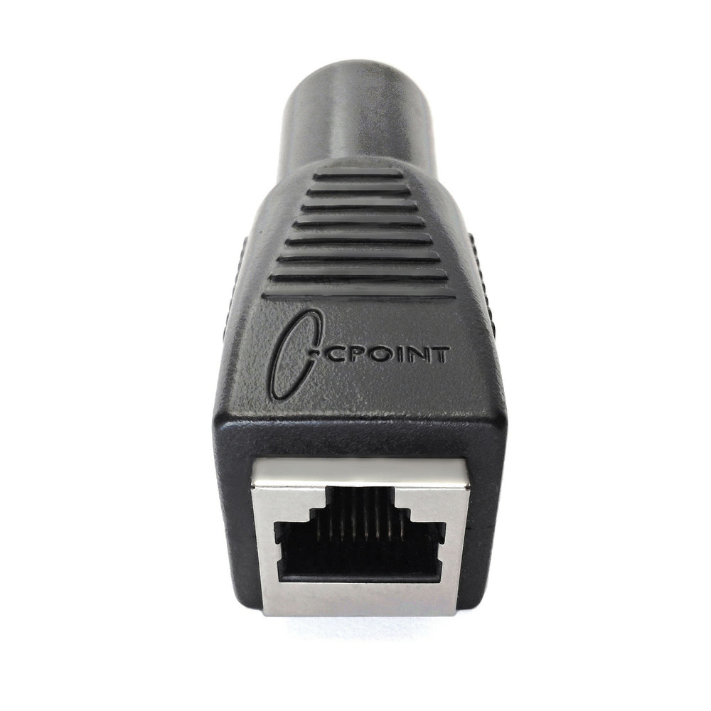CPoint XLRJ45 XLR to RJ45 Ethernet adapter RJ45 port side view showing Ethernet jack and CPoint branding on white background