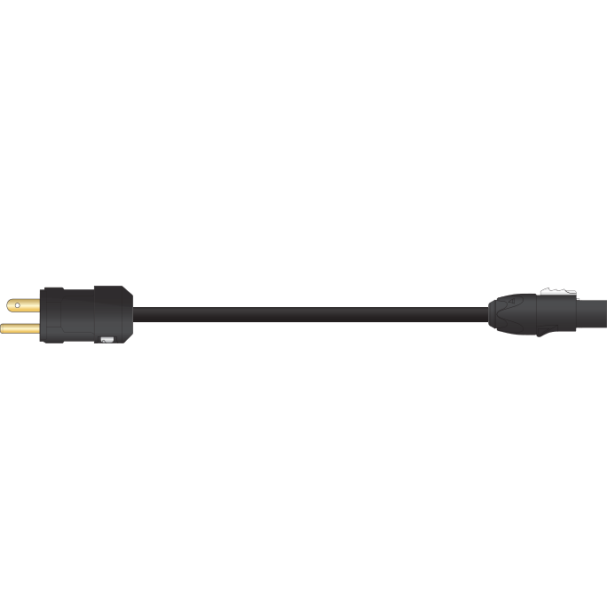 DigiFlex male Edison to female Neutrik TRUE1 powerCON power cable 14 AWG SJOOW black professional touring grade on white background