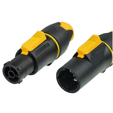 Digiflex Neutrik powerCON TRUE1 male and female connectors NAC3FX NAC3MX close-up showing yellow locking tabs and black housing