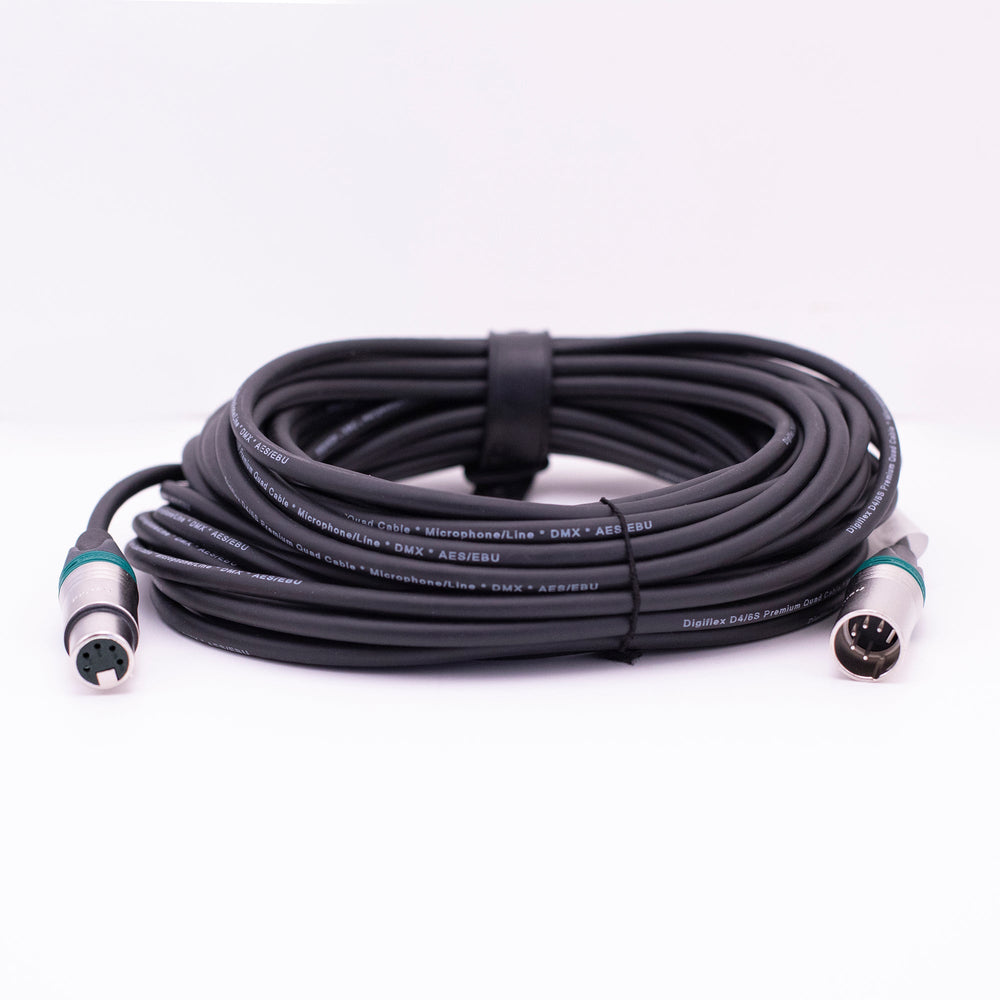 DigiFlex XLR 5-pin DMX extension cable 50 foot coiled full view showing male and female connectors with teal accent rings, D4/6S premium quad black touring cable