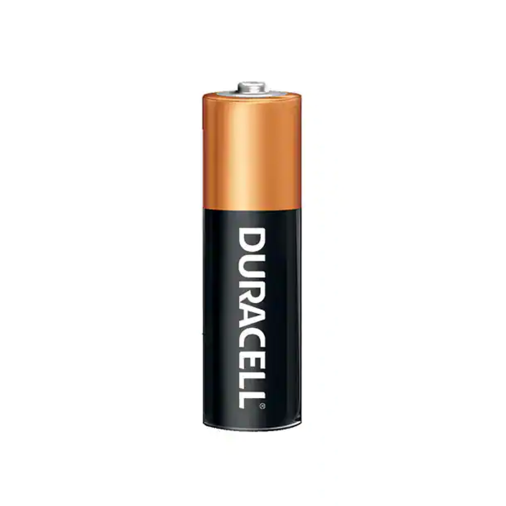 AA battery 1.5V Duracell MN1500 single cell, copper top with black label, white background