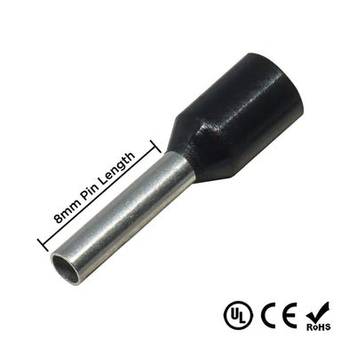 Ferrule terminal black 16AWG with 8mm pin length, crimp connector tin plated copper, UL CE RoHS certified, white background