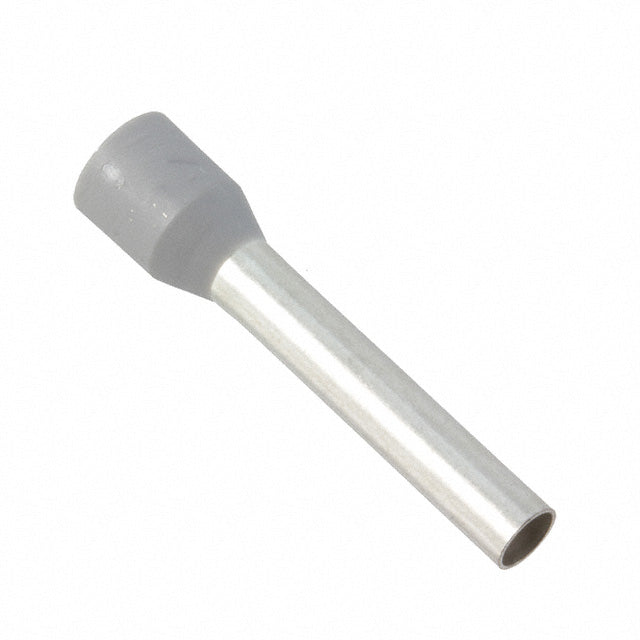 Gray 12AWG single-wire ferrule terminal close-up angle view showing insulated collar and hollow tin-plated copper tube on white background