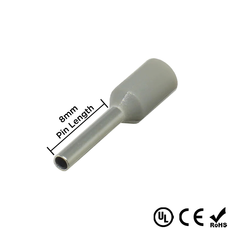 Gray single-wire ferrule terminal crimp connector with 8mm pin length UL CE and RoHS certified on white background