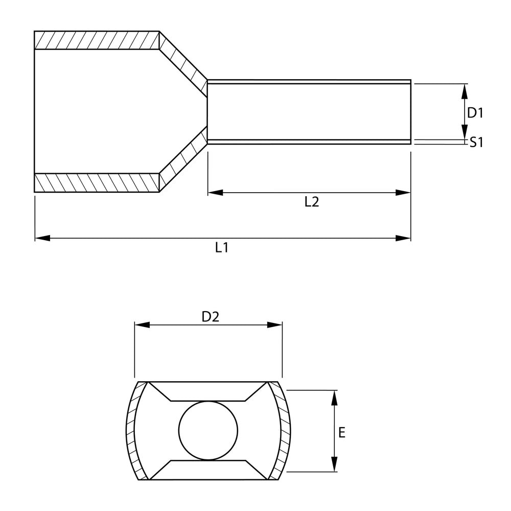 Gray twin-wire insulated ferrule terminal technical drawing showing side view and front cross-section with dimension labels D1 S1 L1 L2 D2 E