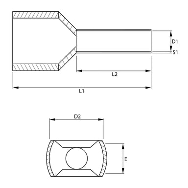 Gray twin-wire insulated ferrule terminal technical drawing showing side view and front cross-section with dimension labels D1 S1 L1 L2 D2 E