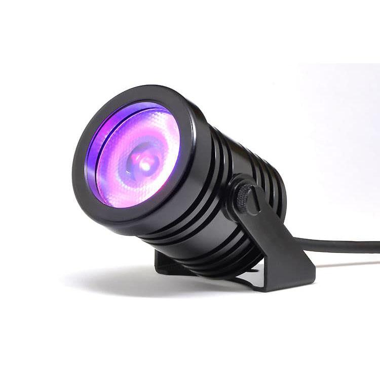 Gantom 7 LED spotlight powered on with purple violet light output front view with mounting bracket