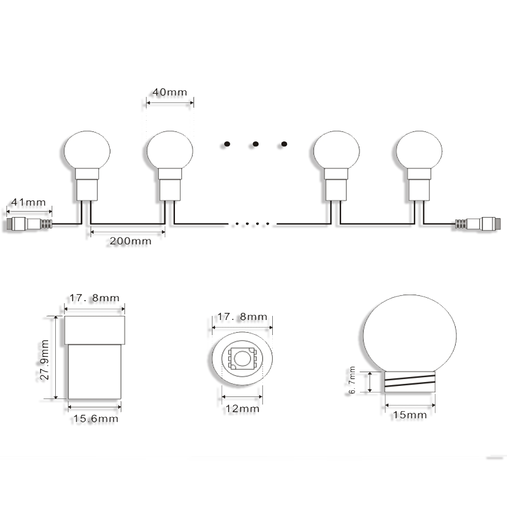 Gantom G40 globe LED bulb technical dimensions diagram showing multiple views including front side top and bottom perspectives with millimeter measurements LED chip layout and connector pin details for professional lighting installation on transparent background