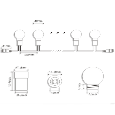 Gantom G40 globe LED bulb technical dimensions diagram showing multiple views including front side top and bottom perspectives with millimeter measurements LED chip layout and connector pin details for professional lighting installation on transparent background