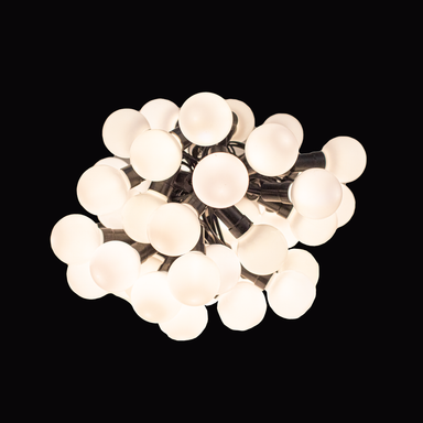 Gantom G40 spherical globe LED bulbs cluster of multiple illuminated white round bulbs on chrome sockets and black wiring displayed against black background for professional decorative and architectural lighting