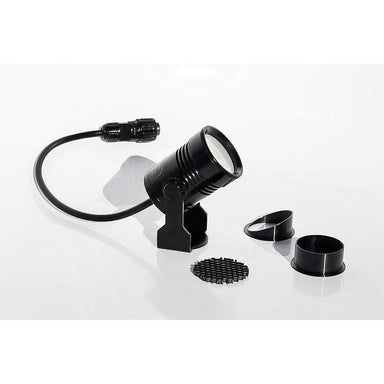 Gantom GP292 compact LED pinspot fixture complete kit showing black fixture with power cable connector honeycomb grid louvre lens hood and snoot accessories on grey background