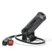 Gantom iQx micro image projector angle view showing black cylindrical body with mounting bracket power cable and red black connector
