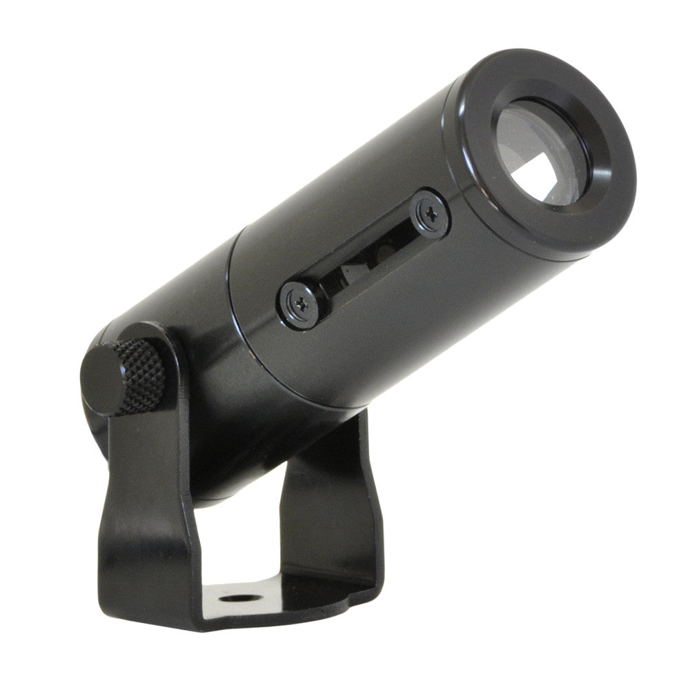 Gantom iQx micro image projector gobo side view showing black cylindrical body with lens and mounting bracket on white background