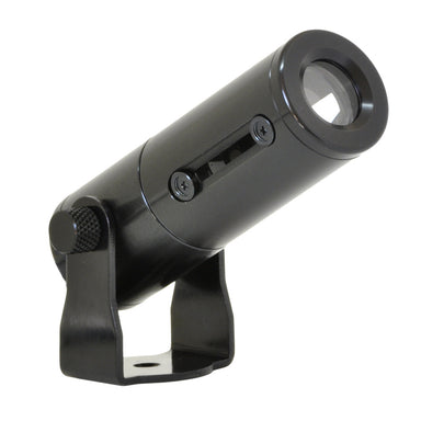 Gantom iQx micro image projector gobo side view showing black cylindrical body with lens and mounting bracket on white background