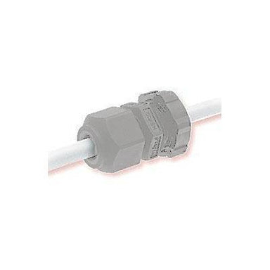 Heyco cable gland threaded strain relief cord grip grey plastic angle view installed on cable white background
