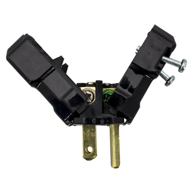 Hubbell HBL8115V hospital grade Edison plug opened showing internal wiring terminals brass prongs and screw clamp connections