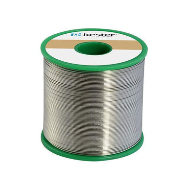 Kester 268 lead free solder wire spool showing silver wire coils on green reel top side view