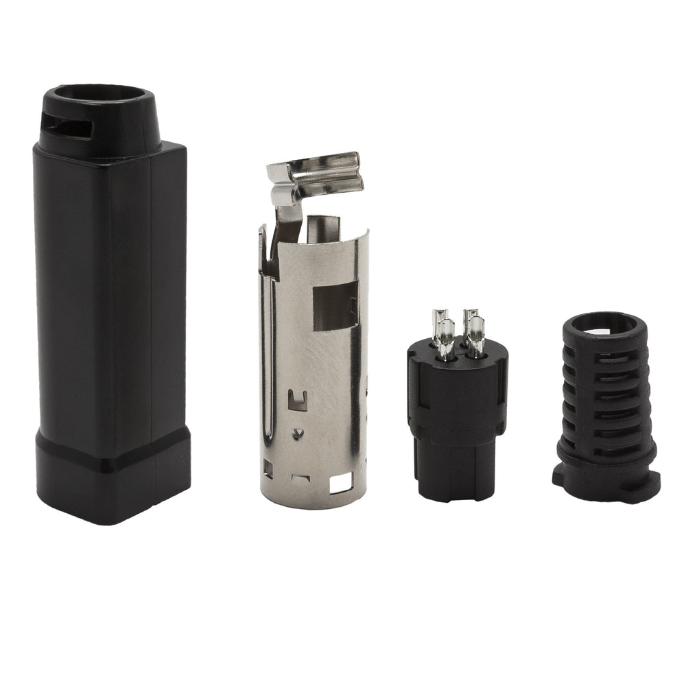 Kycon R7B series DC female field installable plug high current exploded view showing housing metal shield pin insert and cable strain relief boot components