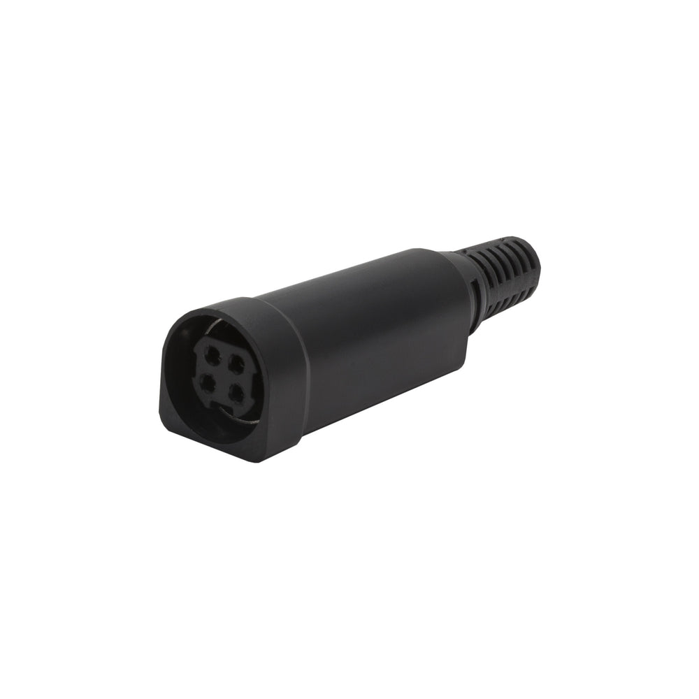 Kycon R7B series DC female field installable plug high current 4-pin connector black with cable strain relief front angled view