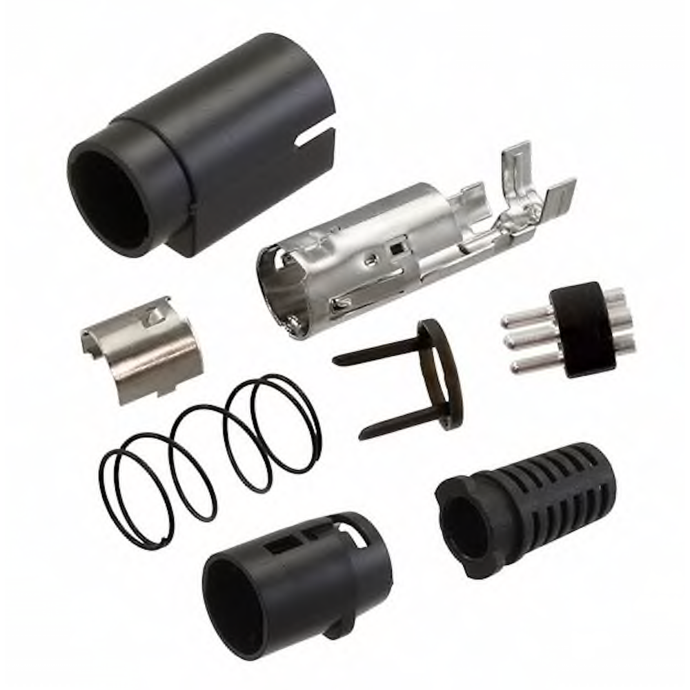Kycon R7B DC male plug exploded view showing all internal components including housing, pins, strain relief, o-rings, and shield