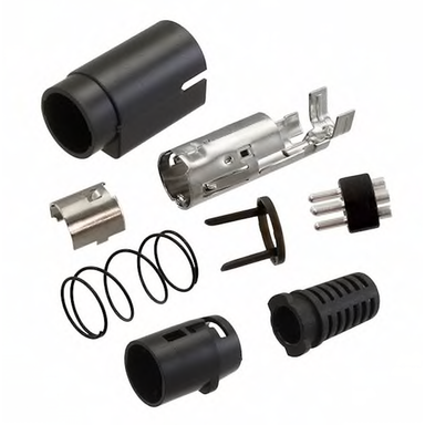 Kycon R7B DC male plug exploded view showing all internal components including housing, pins, strain relief, o-rings, and shield