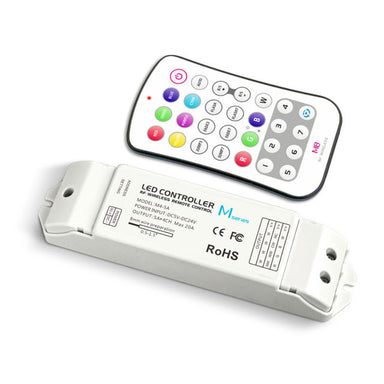 LTECH M8+M4-5A RF RGBW LED controller with wireless touch remote control showing color selection buttons and compact receiver unit on white background