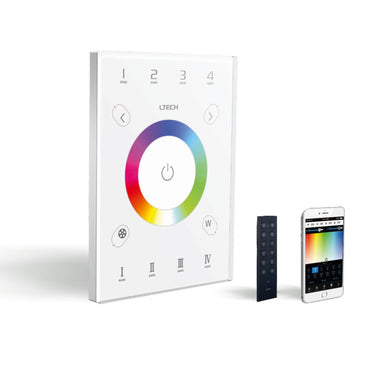 LTECH UX8 4-zone household wallplate dimmer with color wheel, wireless remote control, and smartphone app for LED lighting control