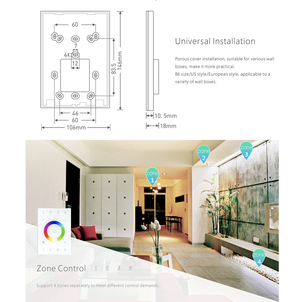 LTECH UX8 wallplate dimmer universal installation dimensions drawing and 4-zone LED lighting control room application example