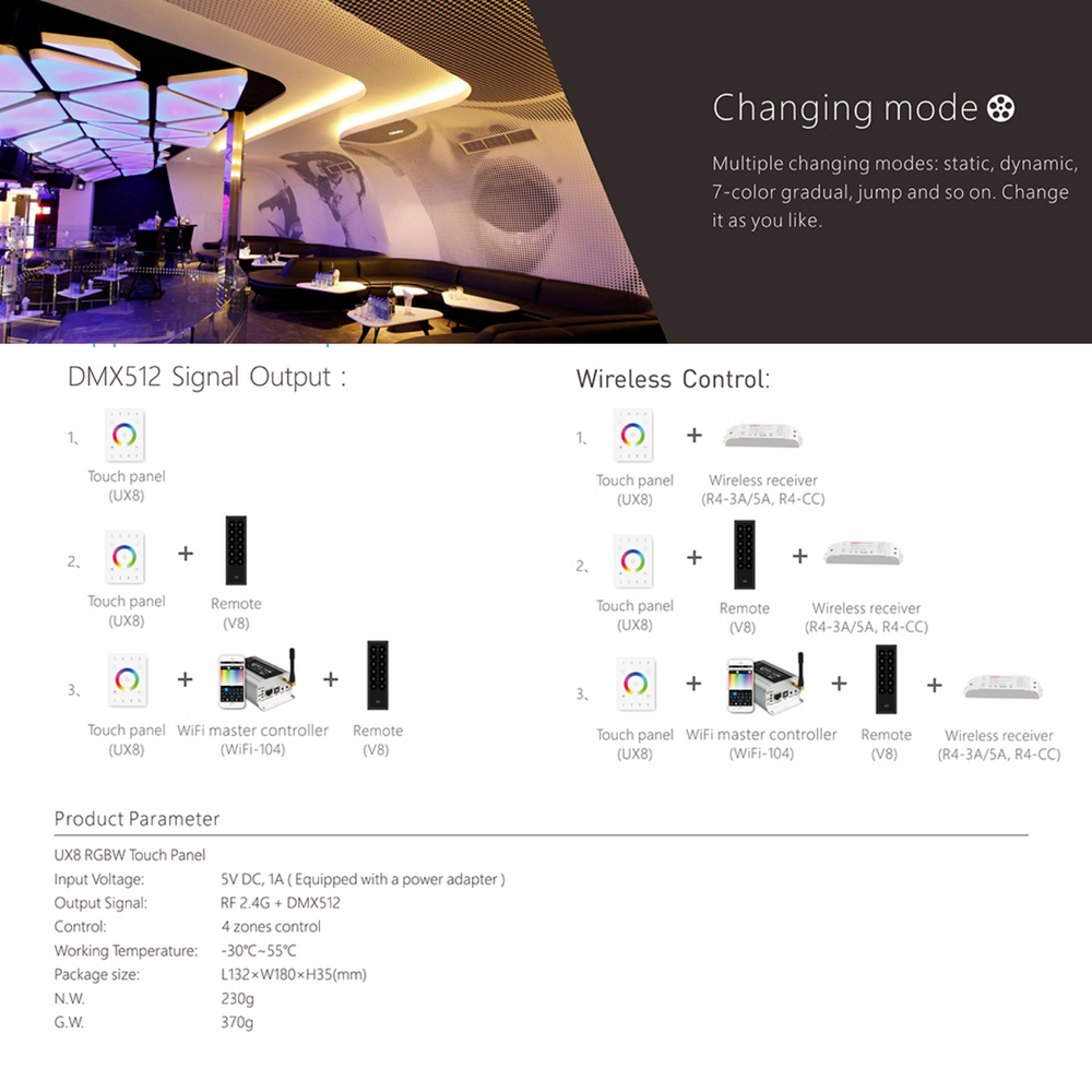 LTECH UX8 wallplate dimmer system configuration diagram showing DMX512 signal output and wireless control options with product specifications