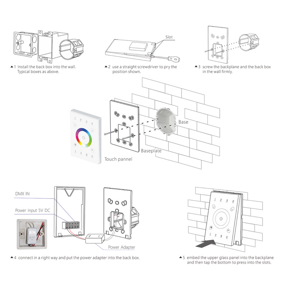 LTECH UX8 wallplate dimmer step-by-step installation diagram showing back box mounting, baseplate assembly, wiring, and touch panel attachment