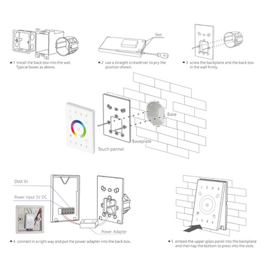 LTECH UX8 wallplate dimmer step-by-step installation diagram showing back box mounting, baseplate assembly, wiring, and touch panel attachment