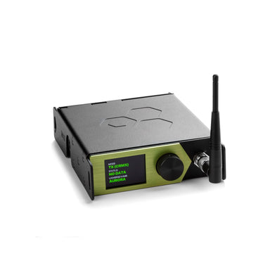 LumenRadio Aurora single universe wireless DMX CRMX transceiver front angle view with antenna color LCD screen and control knob in green and black housing