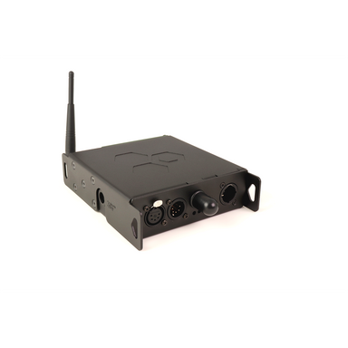 LumenRadio Aurora single universe wireless DMX CRMX transceiver rear view with antenna 5-pin XLR Ethernet and BNC connectors in black housing