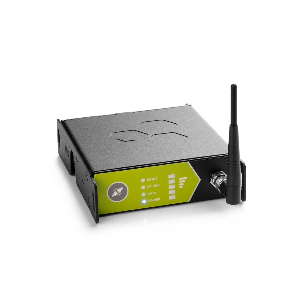 LumenRadio Luna single universe wireless DMX CRMX transceiver front angle view with antenna LED indicators button and BNC connector in green and black housing