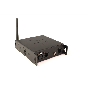 LumenRadio Luna single universe wireless DMX CRMX transceiver rear view with antenna 5-pin XLR DC barrel jack and BNC connector in black housing